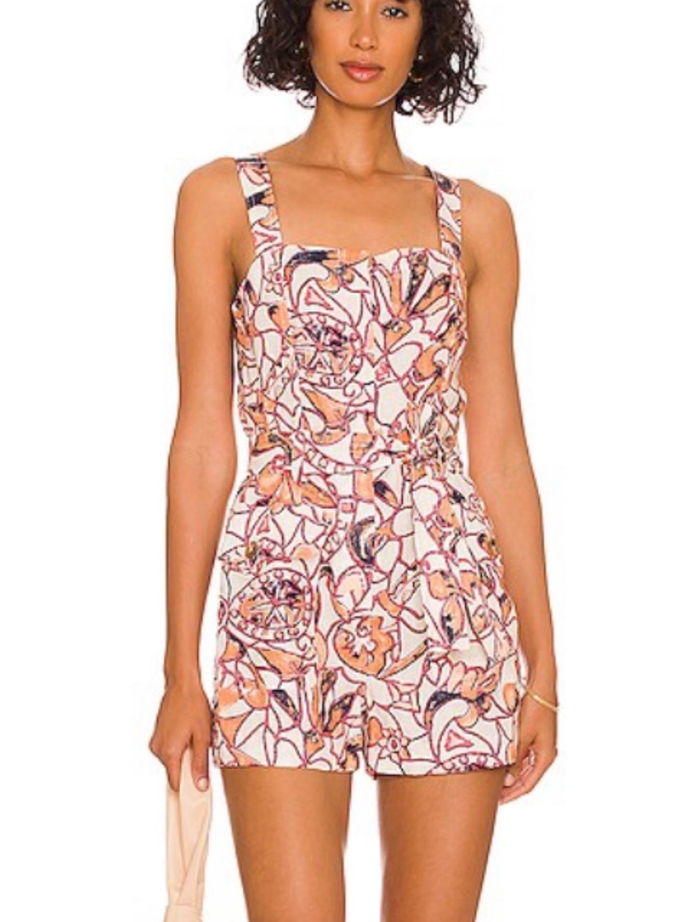 ALC Gilmour Linen Floral Print Belted Square-Neck Romper